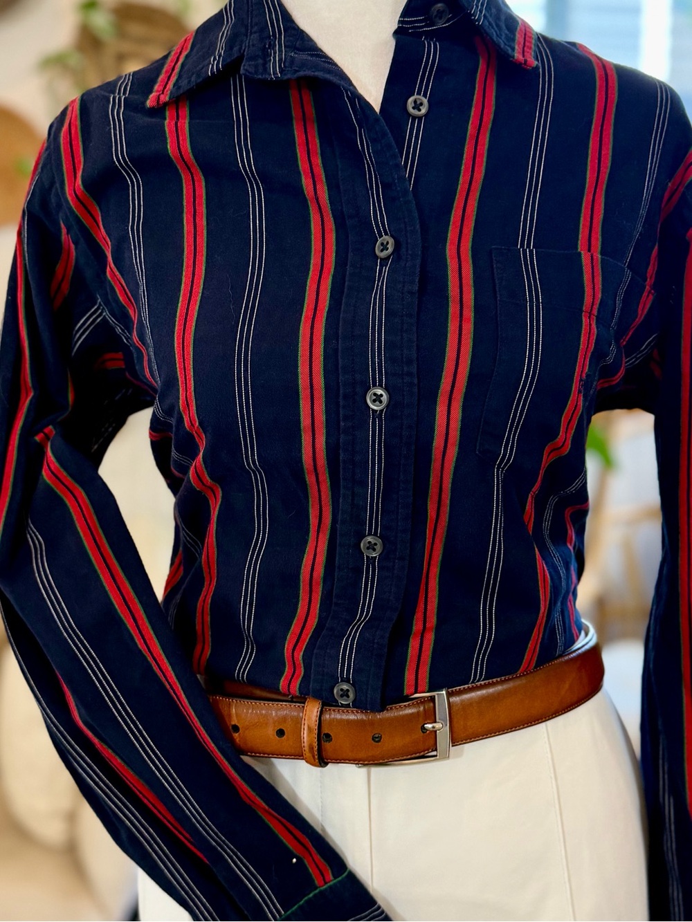 Lauren Ralph Lauren Petite Shirt 8P Navy Red Stripe Monogram Cotton Button Down - Picture 2 of 10
